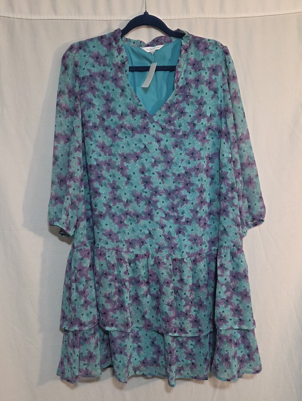 Norrhern Reflections Large Aqua & Lavender Floral V-Neck 3/4 Sleeve Flowy Tunic